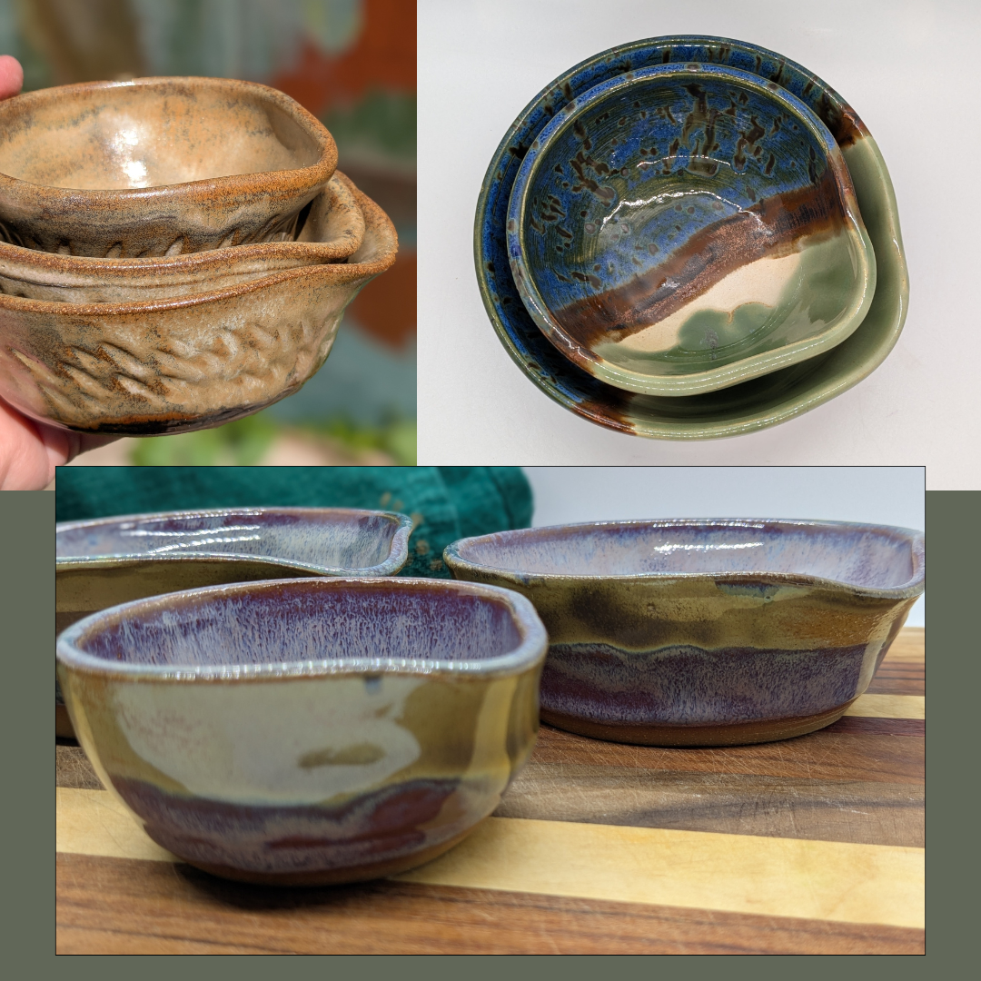  - I have several sets of these prep bowls in my kitchen drawer, and they are for sure the most-used item in my kitchen! Cracking eggs, mixing small amounts of dry ingredients for "mise en place," stashing my favorite spices, blending salad dressings, serving up snacks like crackers and hummus, or sides like applesauce or mashed potatoes... These are my personal, go-to kitchenware for all of it. (And if you happen to have a kiddo that is anything like mine, you might occasionally find them useful for sorting Legos, too!) At the end of every day, I'm usually sticking 5 or 6 of these into the dishwasher. 

As nested sets, they typically stand around 4-5" wide, and about 3-4" tall, so they tuck neatly into standard kitchen drawers. You'll see minor variations in every set, because every piece is hand-thrown on the wheel, making each one truly one-of-a-kind. Made with lots of love!